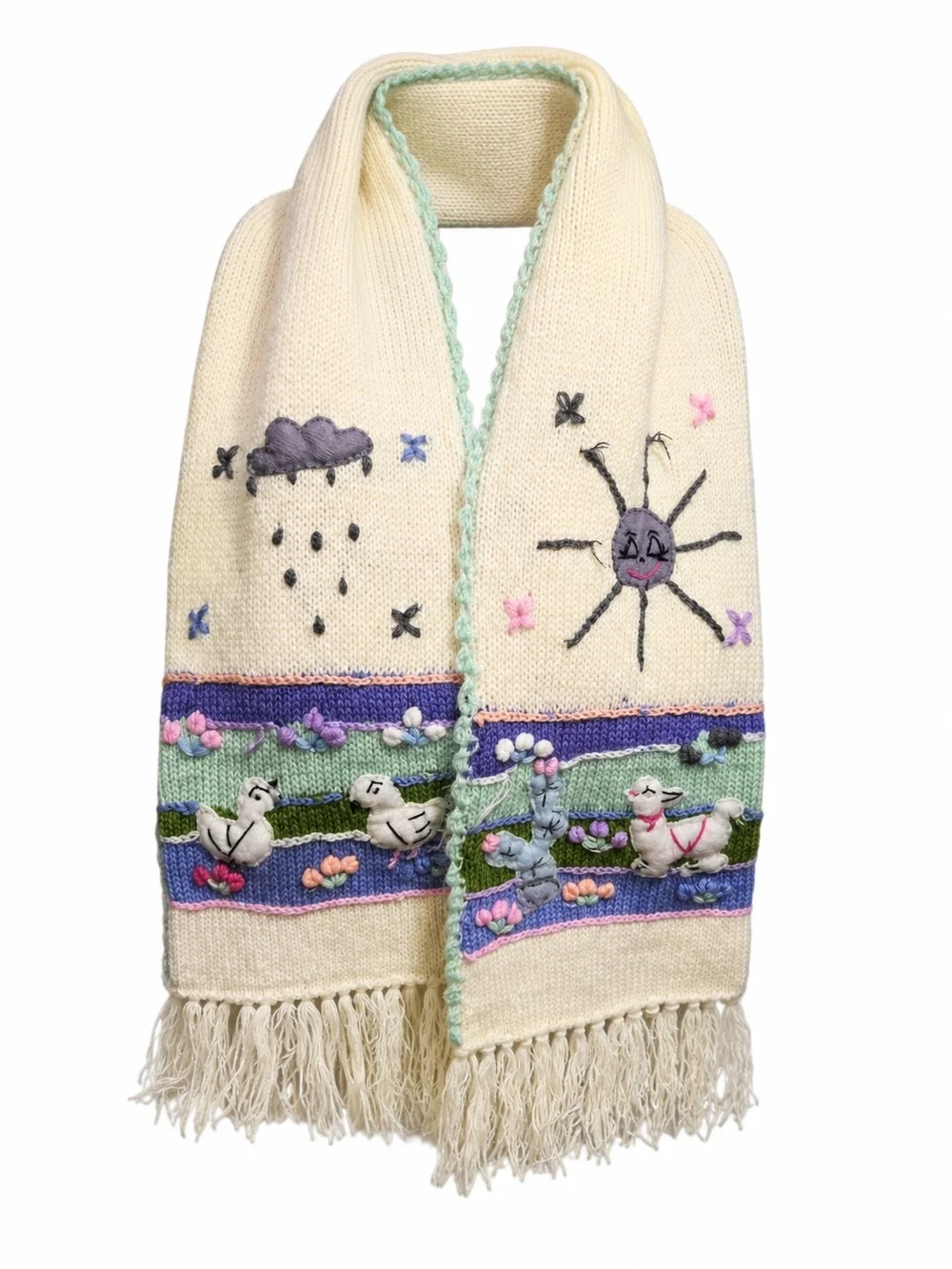 Whimsical Knit Scarf Lambs Chicks Sun Rain Cloud Embroidered Fringe Cottagecore